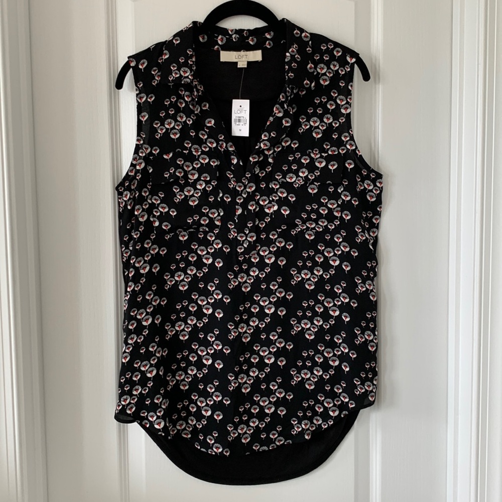 NWT LOFT Floral Print Open Collar Mixed Materials Sleeveless Blouse Size Medium